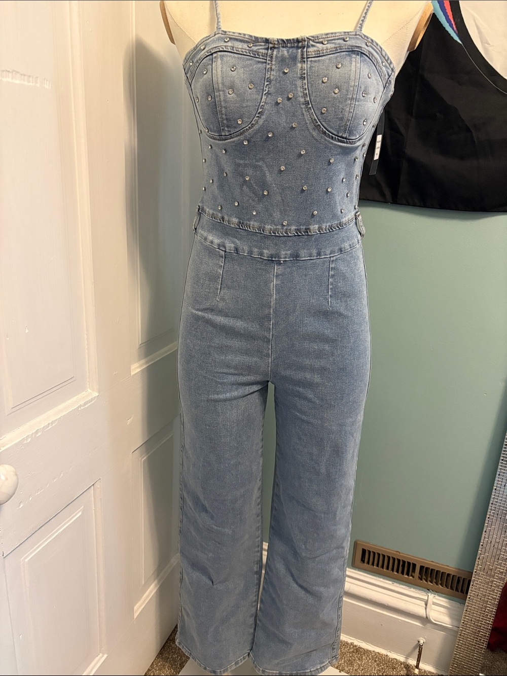 Light Blue Studded Denim Wide-Leg Jumpsuit